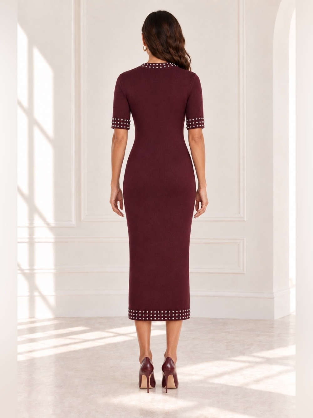 Burgundy Stud-Embellished Short-Sleeve Midi Knit Dress - Picture 3 of 6